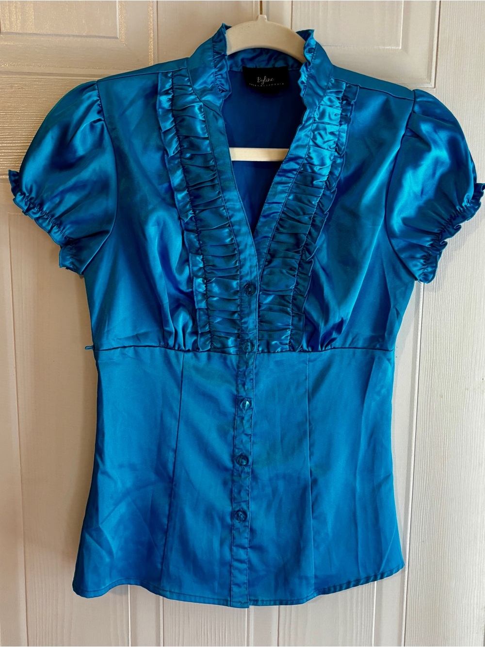 Byline B.Yer California Teal Satin Ruffle Puff Sleeve Blouse Small